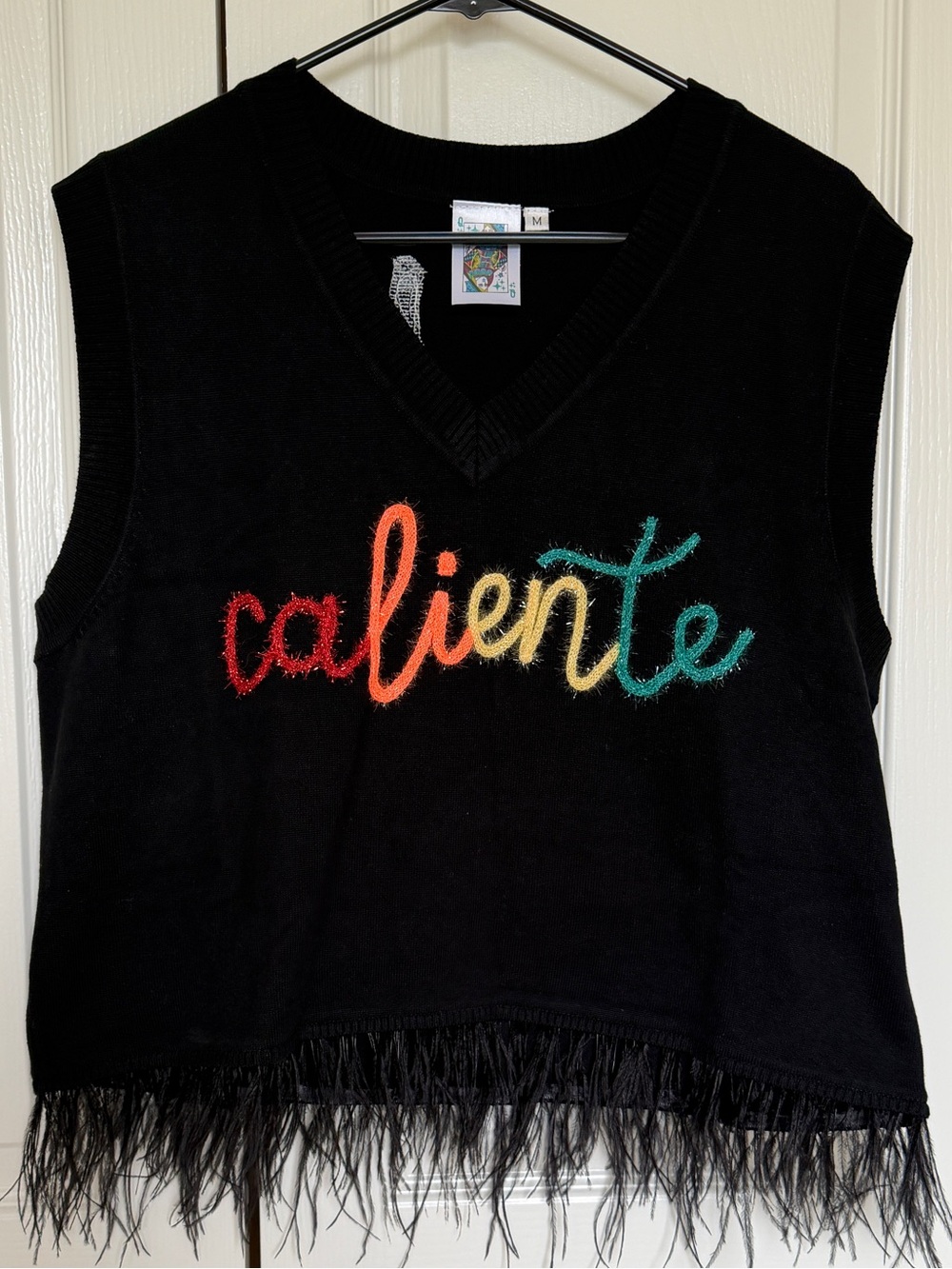 Queen of Sparkles Caliente Black Fringe Knit Sweater Vest with feathers